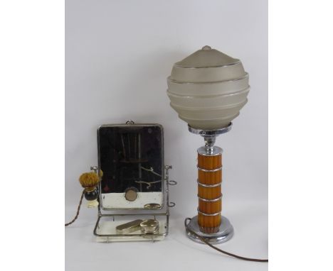 An Art Deco Lamp Base, with a glass globular shade together with a chrome and glass shaving mirror. (2) (af)