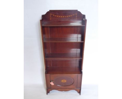 A Regency-Style Book Case, with three shelves and cupboard beneath, decorative floral inlay, raised on bracket feet, approx 1