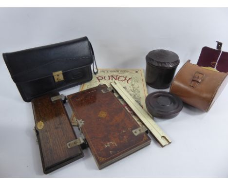 A Gentleman's Lot, comprising Bakelite tobacco jar and cover, Bakelite Rolls razor blade container, two oak framed Acme tie p