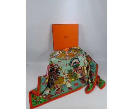 A Lady's Square Silk Hermes Scarf, 'Kachina' design signed Olivier Kermit, in the original box. (box and contents in good con