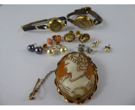 A Collection of Antique and Other Jewellery, including 12 ct shell cameo brooch and 9 ct earrings, miscellaneous 9 ct stud ea