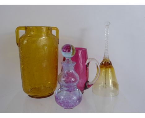 A Miscellaneous Collection of Glass, including a Caithness scent bottle, an amber coloured glass bell, amber coloured vase, a