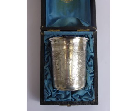 An Antique Belgian Solid Silver Christening Beaker, the beaker having fish scale engraving with engraved central cartouche in