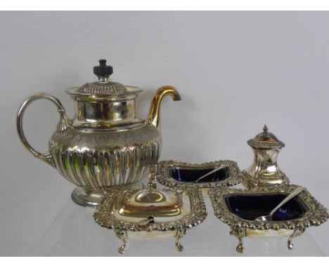 A Miscellaneous Collection of Silver Plate, including tea pot, cruet set, fish servers, two silver napkin rings and a mother 