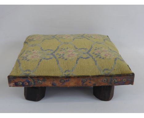 Antique Wood and Copper Framed Foot Stool, tapestry top together with another vintage footstool raised on turned legs, with r