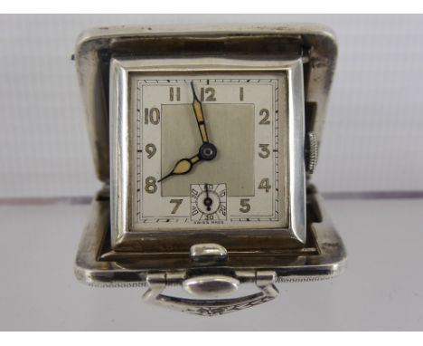 A Lady's Continental Silver Travelling Clock, engine turned engraving stamped 925.