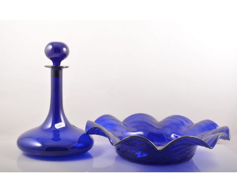 "Bristol Blue" decanter, spherical stopper, 27cm, wrythen moulded blue glass shallow bowl and a plated sugar bowl, (3).