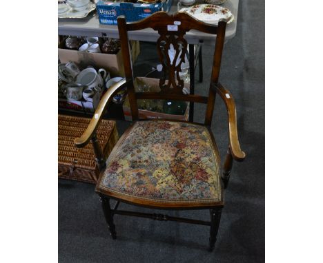 Pair of Edwardian beech framed elbow chairs, with pierced vase splats, upholstered tapestry seats.