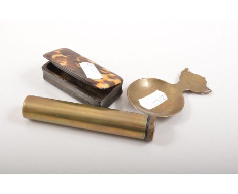 Victorian horn and tortoiseshell snuff box, long shape, 6.5cm, a silver baby's rattle designed as a rabbit with a mother of p
