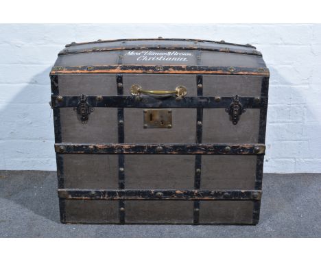 Cloth, wooden and metal slatted dome top trunk, by  J O H Christiansen width 75cm, a hessian and leather bound suitcase and t