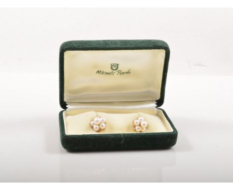 Pair of Mikimoto cultured pearl cluster ear-rings.