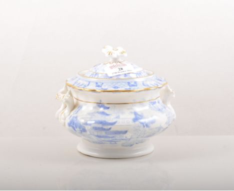 Wedgwood blue Jasperware barrel shape jug, applied moulded decoration, 11cm and a Staffordshire printware covered basin, (2).