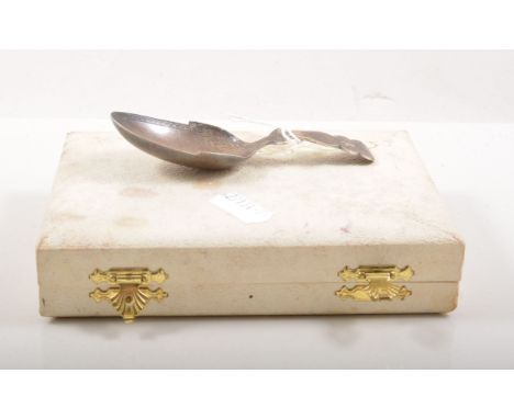 George III silver caddy spoon, London 1811, acorn shape bowl with a silver spoon and pusher, cased.