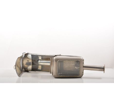Two nickel plated carriage lamp candle holders, the larger with a flap cover, 25cm.