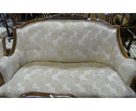 Continental walnut five piece salon suite, probably German, 19th Century, carved crestings, shaped outlines, turned and ringe