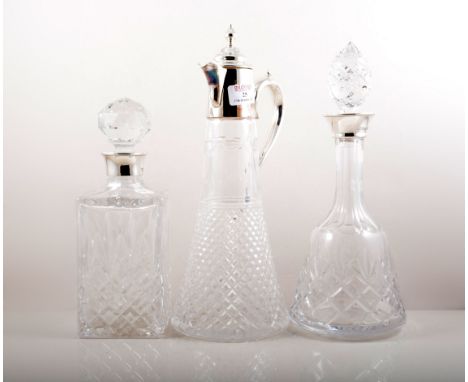 Lead crystal spirit decanter, with a silver collar, faceted stopper, 27cm, sherry decanter with a silver collar and a claret 