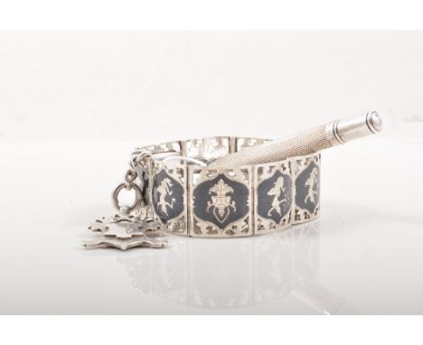 Two silver alberts, Siamese Niello bracelet, engine turned pencil and a book mark.