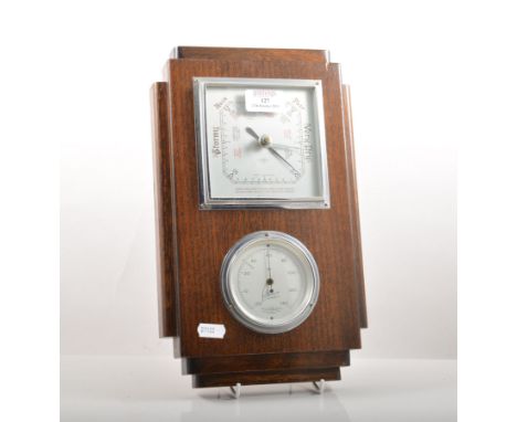 Oak cased barometer thermometer, silvered dial signed Rototherm, 33cm and a enamelled panel, framed and boxed.