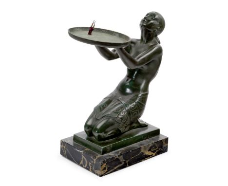 After Pierre Le FaguaysFigural lamp modelled as kneeling female holding dish, 20th centuryCast metal, marble baseSigned in ca