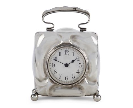 William NealeArts & Crafts square form desk clock on bun feet with swing handle, 1907Silver, white enamel dialHallmarks for C