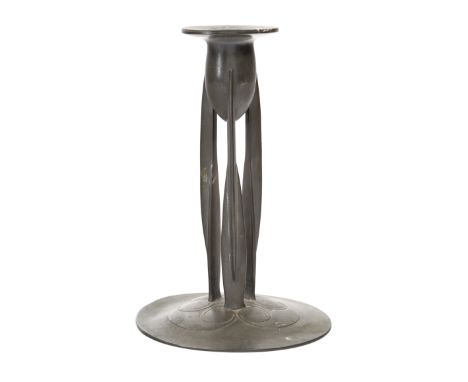 Archibald Knox (1864-1933) for Liberty & CoTudric candlestick on tripod supports to wide circular base, circa 1905PewterUnder