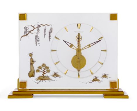 Jaeger Le CoultreMarina No. 349 table clock depicting a geisha by a tree, circa 1960Lucite and brass, 16-jewel manual wind mo