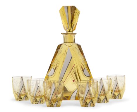 Art Deco glassArt Deco Czech glass decanter and six hexagonal glasses with geometric decoration, circa 1930Amber glass with a