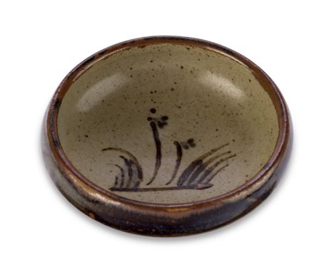 Bernard Leach (1887-1979)Small open bowl or dish with tenmoku glazed exterior, iron brush decoration to interior, 1940-1959Gl