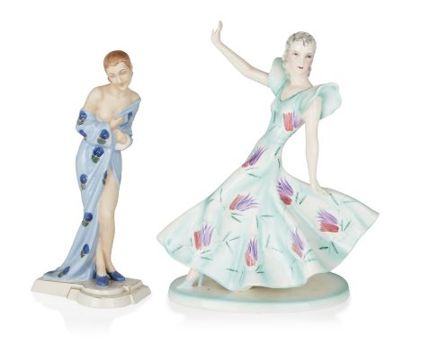 Claire Weiss (1906-1997) for Goldscheider, and Schaff for Royal DuxModel of a female dancer in in a turquoise dress with purp