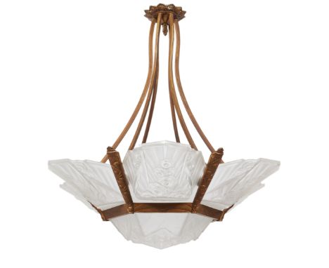 Jean GauthierArt Deco ceiling light or chandelier comprised of a central glass bowl bordered by six fan-shaped panels moulded