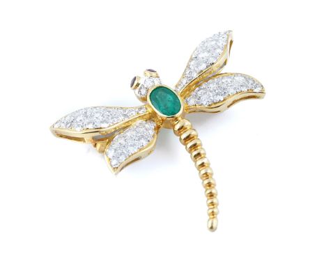 A GOLD, EMERALD, RUBY AND DIAMOND PENDANT BROOCHDesigned as a dragonfly, collet set with an oval cut emerald, circular cut ru