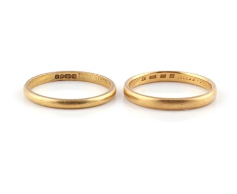 TWO 22CT GOLD PLAIN WEDDING RINGS (2)Comprising; London 1925, ring size O and London 1966, ring size O and a half, combined w