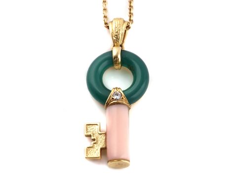 A VAN CLEEF &amp; ARPELS GOLD AND GEM SET PENDANT, WITH A GOLD NECKCHAIN (2)The pendant designed as a key, mounted with a cir