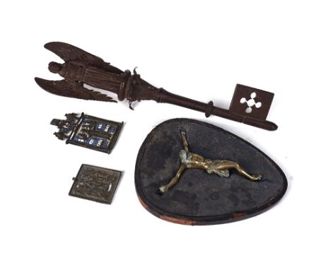 A LARGE FRENCH STEEL KEY AND OTHER ITEMS (4)Late 19th Century, mounted with a winged angel finial, 39cm long; together with a