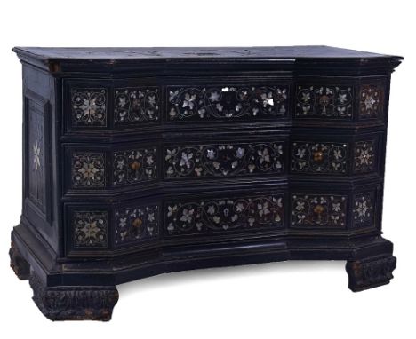 WNAI - AN 18TH-CENTURY ITALIAN MOTHER-OF-PEARL AND PEWTER INLAID EBONISED COMMODEWith three long inverted breakfront drawers 