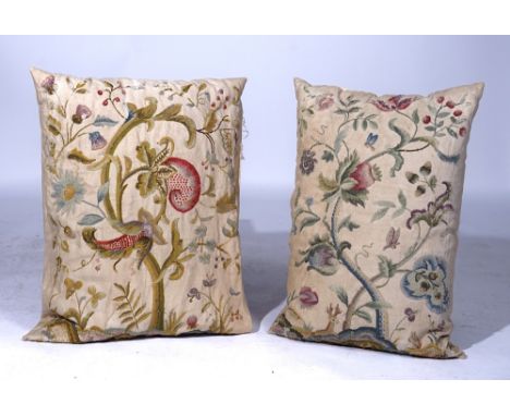 THREE EMBROIDERED/NEEDLEWORK CUSHIONS (3)Including one of a flowering plant in a landscape with a deer and a squirrel, 58 x 3