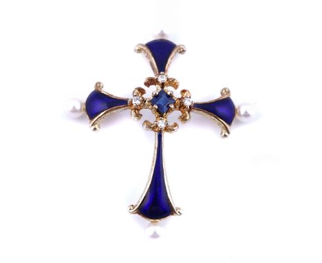 A 14CT GOLD, SAPPHIRE, DIAMOND, CULTURED PEARL AND BLUE ENAMELED PENDANT CROSSThe centre mounted with a square cut sapphire i
