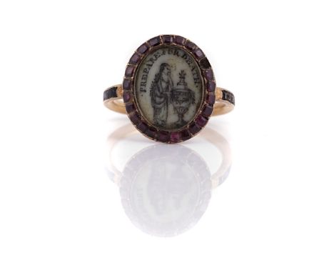 A GOLD AND GARNET MOURNING RINGGlazed with a view of a lady standing beside an urn and with motto 'Prepare for Death', within