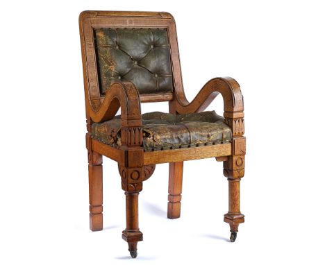 A VICTORIAN OAK FRAMED OPEN ARMCHAIRWith studded green leather upholstery on turned supports, 50cm wide; 94cm highCondition r