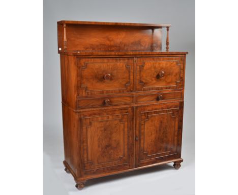 A GEORGE III MAHOGANY SHELF BACK SECRETAIRE CABINETOf shallow depth with fitted drawer over two short and pair of cupboards, 