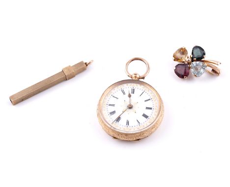 A 9CT GOLD SLIDE ACTION TOOTH PICK AND TWO FURTHER ITEMS (3)The 9ct gold toothpick with engine turned decoration, London 1955