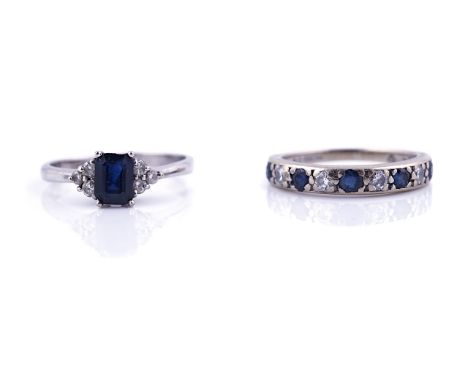 TWO SAPPHIRE AND DIAMOND RINGS (2)Comprising; an 18ct gold ring, mounted with five circular cut sapphires, alternating with f