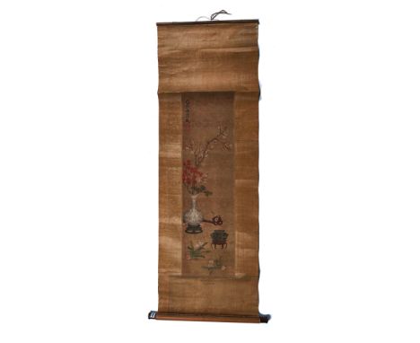 A CHINESE SCROLL PAINTINGWatercolour and bodycolour on fabric, painted with a vase of flowers, a ruyi sceptre and a censer, s