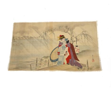 FIVE JAPANESE WOODBLOCK PRINTSIncluding a print of the actor Bando Hikozaburo V by Yoshitoshi and a print of two courtesans a