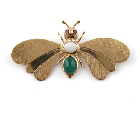 A GOLD, OPAL, EMERALD AND RUBY SET BROOCHIn the form of a butterfly, with ruby set eyes, an opal body and with a cabochon eme