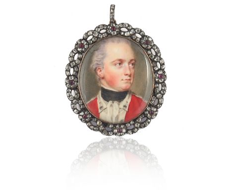 John Smart (1742-1811)A portrait miniature of an officerWearing a red uniform and black stockOn ivoryDiamond and ruby set fra