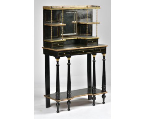 A LATE 19TH CENTURY GILT METAL MOUNTED EBONISED CHIFFONIERWith mirrored shelf back over five drawers, on tapering fluted supp