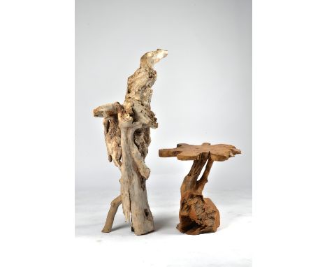 A GNARLED WOOD OCCASIONAL TABLE AND A DRIFTWOOD FLOOR STANDING LIGHT (2)The table, 61cm wide; 59.5cm high;  the light, 131cm 