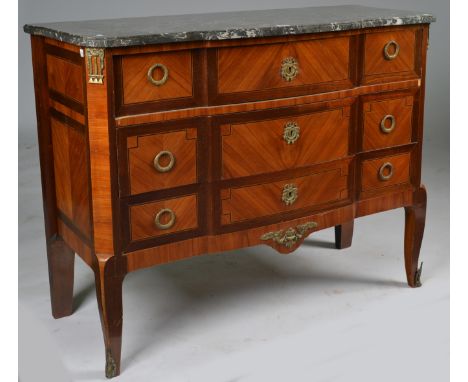 A FRENCH LOUIS XVI STYLE 19TH CENTURY TULIPWOOD AND BOIS SATINE COMMODEWith grey fossil marble top above three long drawers, 