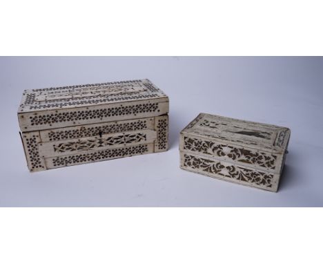 TWO FRENCH DIEPPE PIERCED FRET WORK BONE BOXES (2)19th Century, the smaller inlaid for cribbage to the cover and a figure of 
